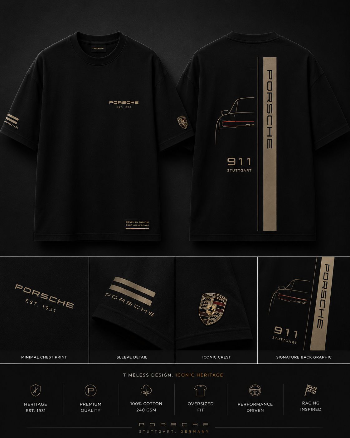PORSCHE 911 STUTTGART OVERSIZED BLACK T-SHIRT | PREMIUM MOTORSPORT STREETWEAR – 220 GSM