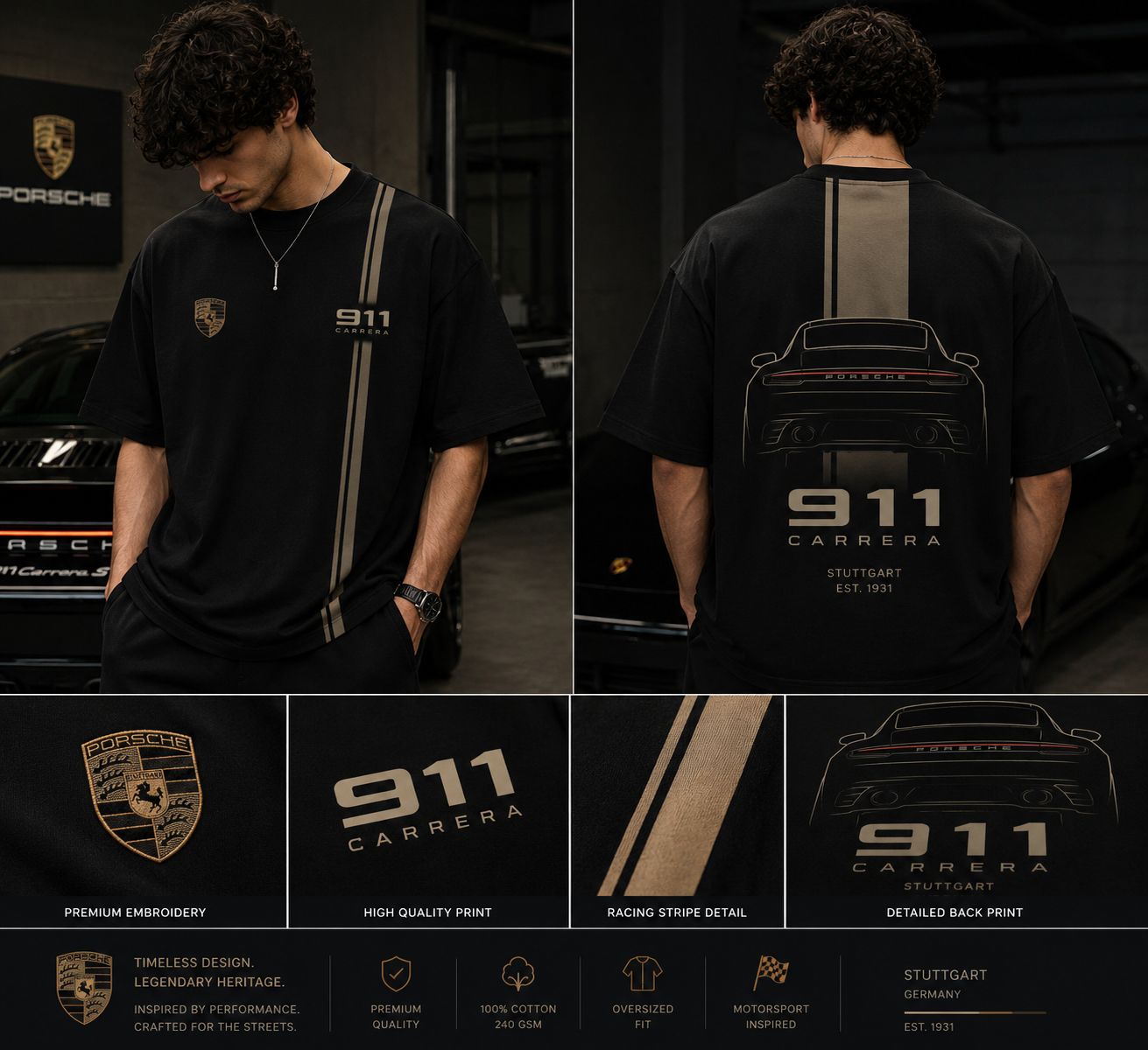 PORSCHE 911 HERITAGE OVERSIZED BLACK T-SHIRT | PREMIUM AUTOMOTIVE STREETWEAR – 220 GSM