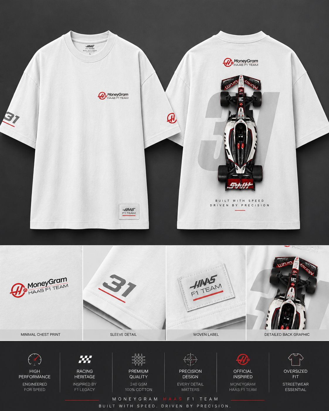 FORMULA RACING OVERSIZED WHITE T-SHIRT | PREMIUM MOTORSPORT STREETWEAR – 220 GSM