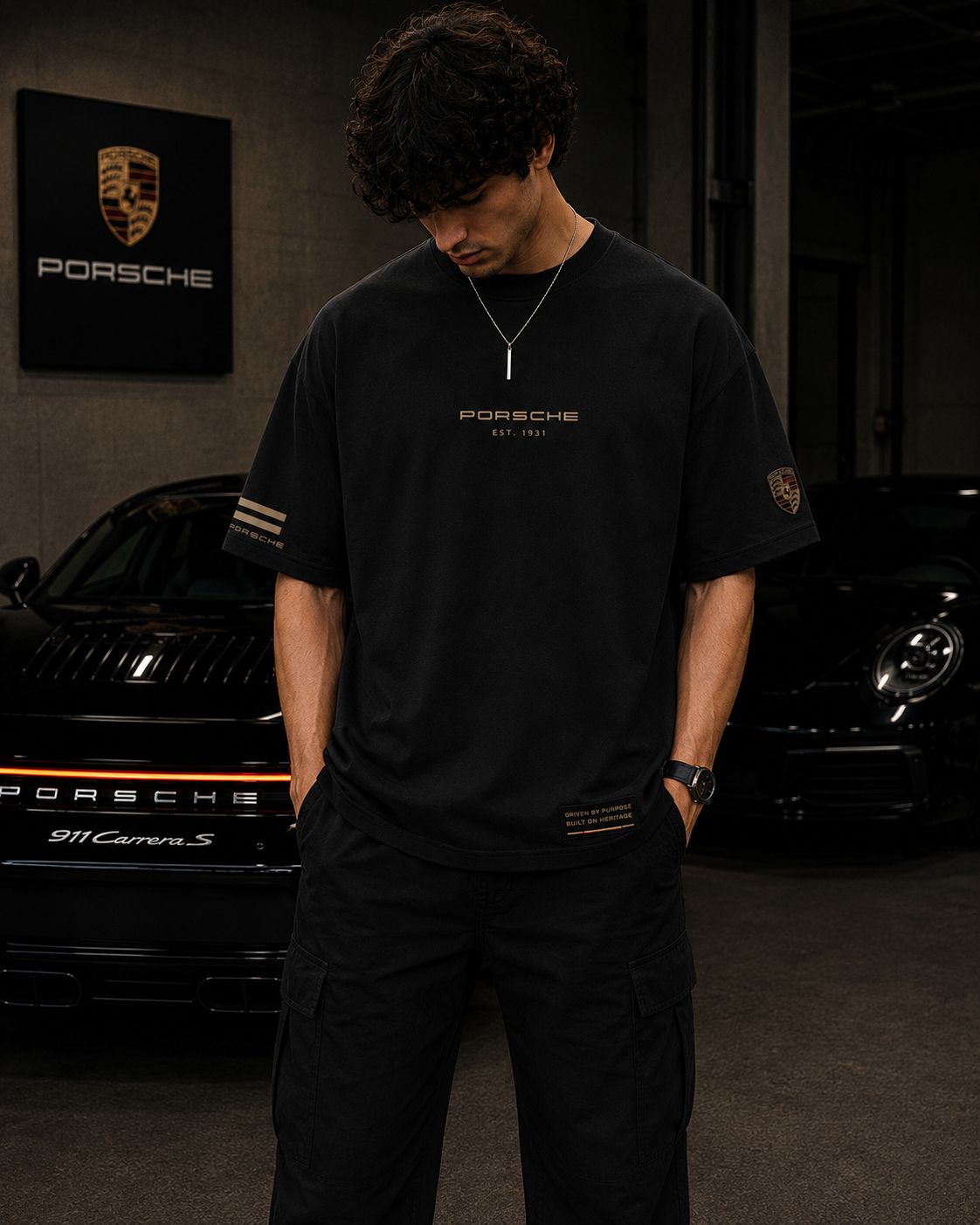 PORSCHE 911 STUTTGART OVERSIZED BLACK T-SHIRT | PREMIUM MOTORSPORT STREETWEAR – 220 GSM